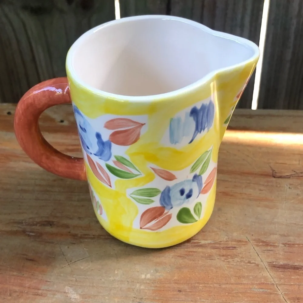 Pier 1 Imports Yellow Ceramic Creamer with Abstract Floral Pattern